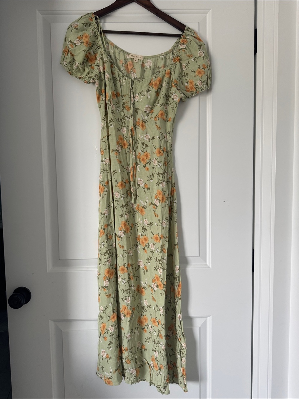 Floral Puff-Sleeve Midi Dress in Sage Green